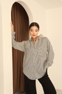 Siyah Beyaz Çizgili Cep Detaylı Pamuklu Kadın Gömlek