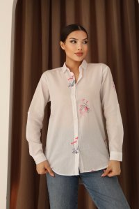 Çiçek Desenli Nakışlı Vual Pamuklu Kadın Gömlek