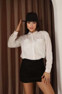 Çift Cep Ve Omuz Detaylı Beyaz Oxford Kadın Gömlek