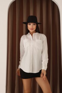 Çift Cep Ve Omuz Detaylı Beyaz Oxford Kadın Gömlek