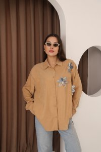 Çiçek Aplike Detaylı Kahverengi Cupro Kumaş Kadın Gömlek