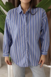 Beyaz Çizgili Mavi Renk Kadın Gömlek
